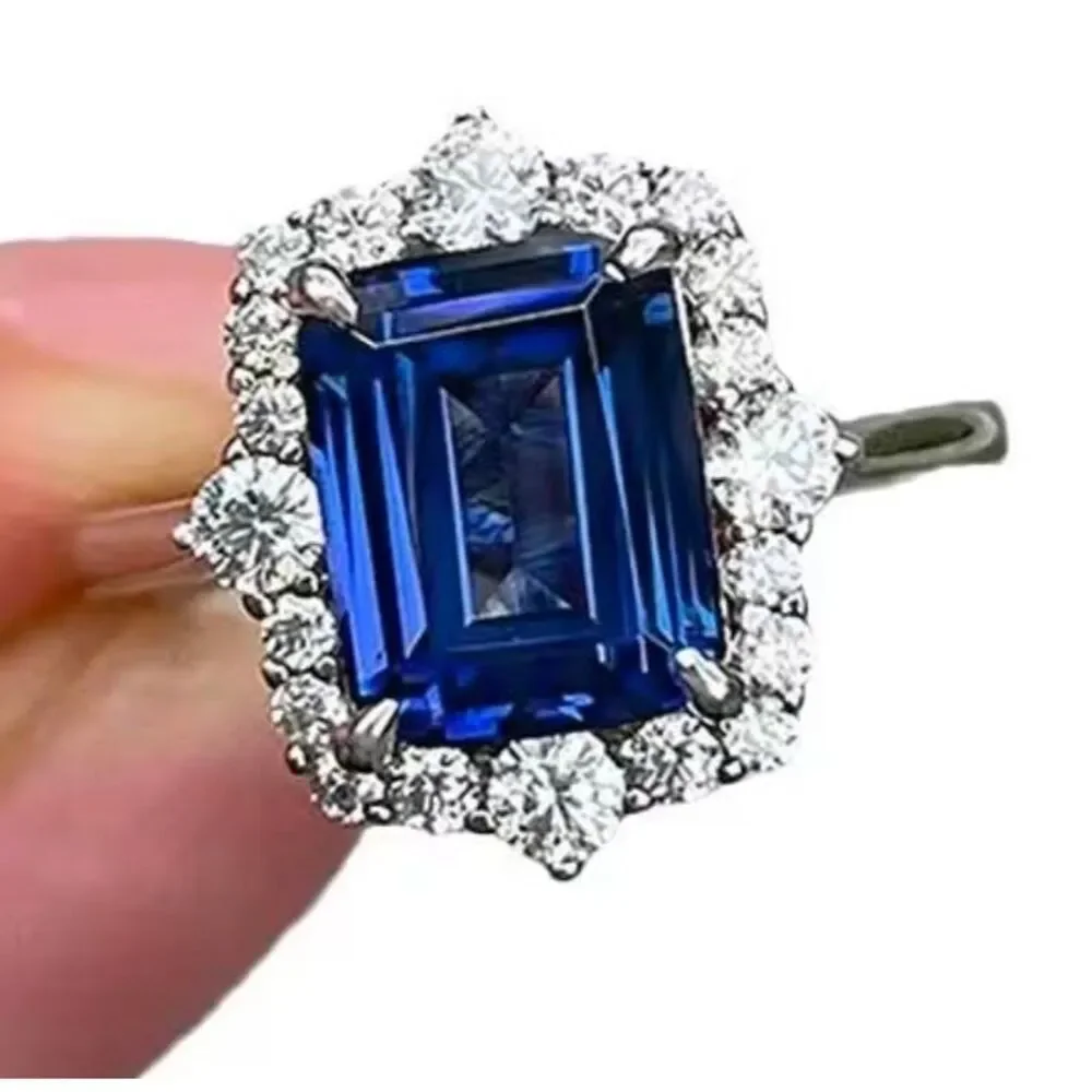 CERTIFIED Genuine Blue & White Moissanite Emerald Cut Halo Engagement Ring #8